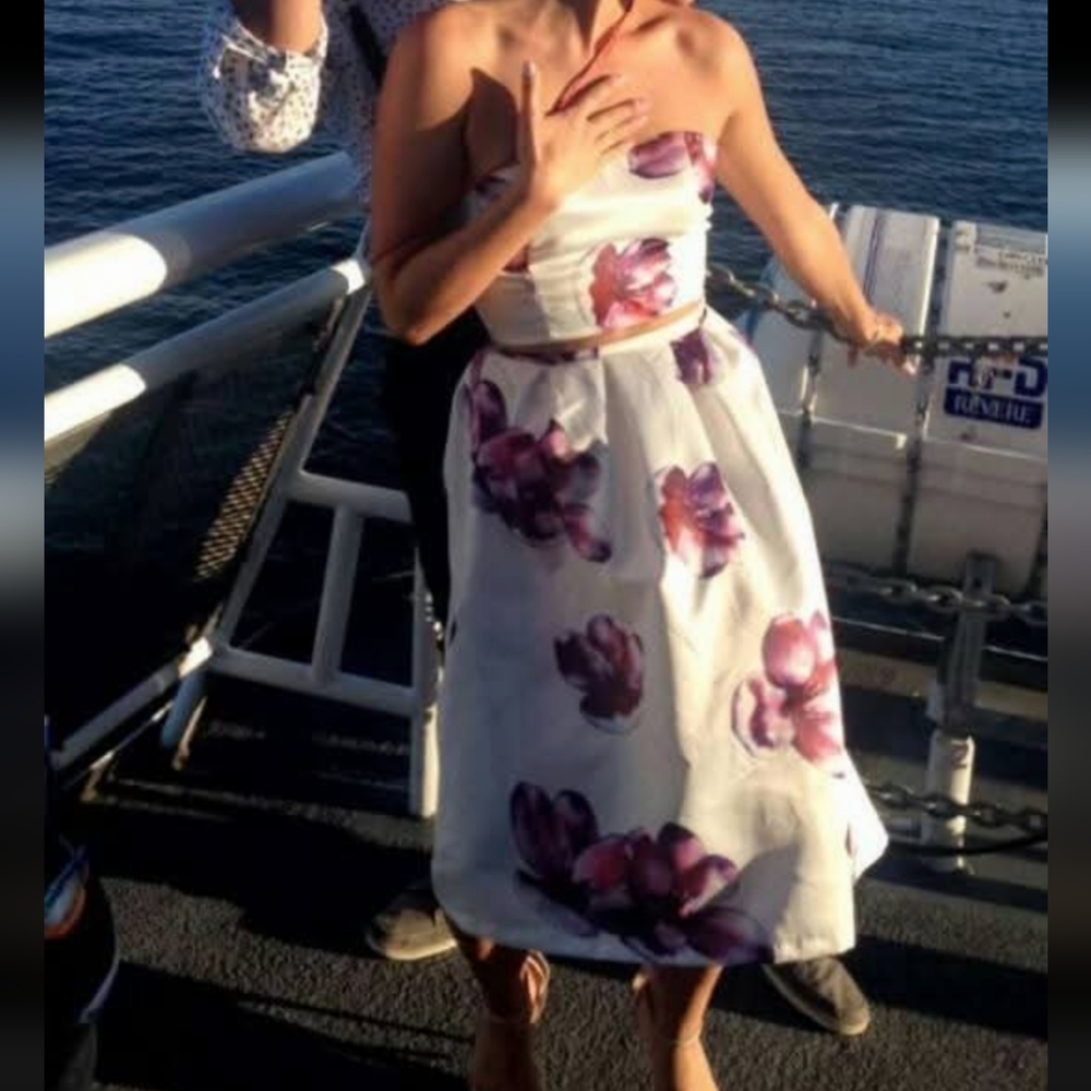 Satin Strapless Dress - White and Purple Floral